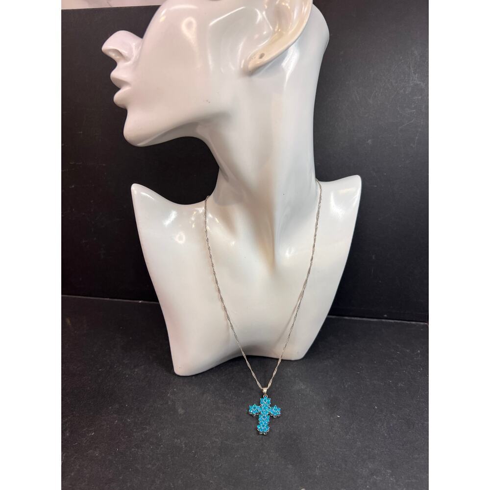 Neon Blue Apatite Rhodium Over Sterling Silver Cross Pendant With Chain 3.25ctw - Picture 7 of 16